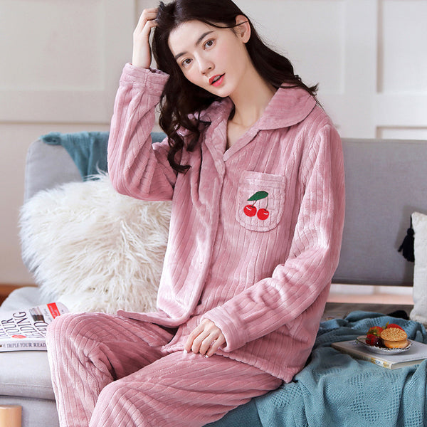 Winter Pajamas Sleepwear Women Pink Warm Thick Pyjamas Cherry PJ