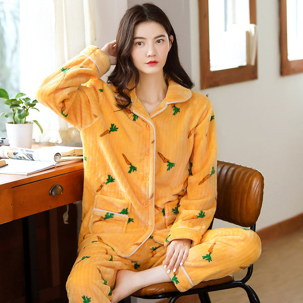 Winter Pajamas Women Pyjamas Fleece Warm Thick Yellow PJ Carrot Pajamas