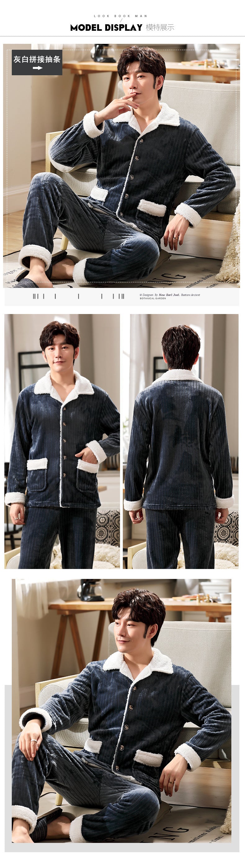 WINTER PYJAMAS THICK FLEECE Grey WARM PYJAMAS MEN size PAJAMS