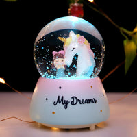 girl with unicorn CRYSTAL MUSIC BALL -MUSIC LIGHTING SNOWING gift birthday gift girl gift