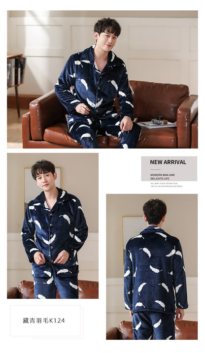 WINTER PYJAMAS THICK FLEECE MEN WARM Navy Blue PYJAMAS Feather MAN PAJAMS