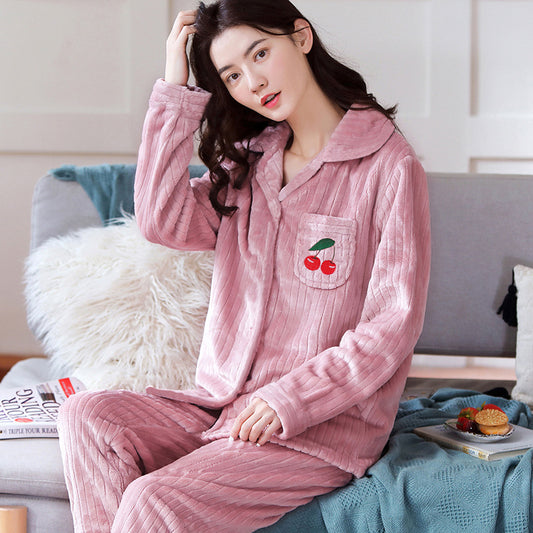 Winter Pajamas Sleepwear Women Pink Warm Thick Pyjamas Cherry PJ