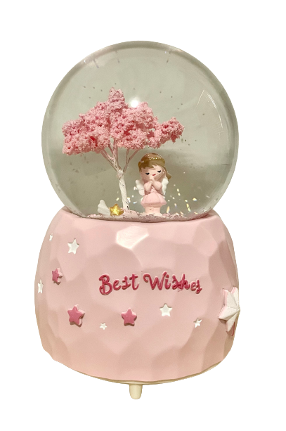 Crystal Music Ball Praying Girl Best Wishes Pink Tree