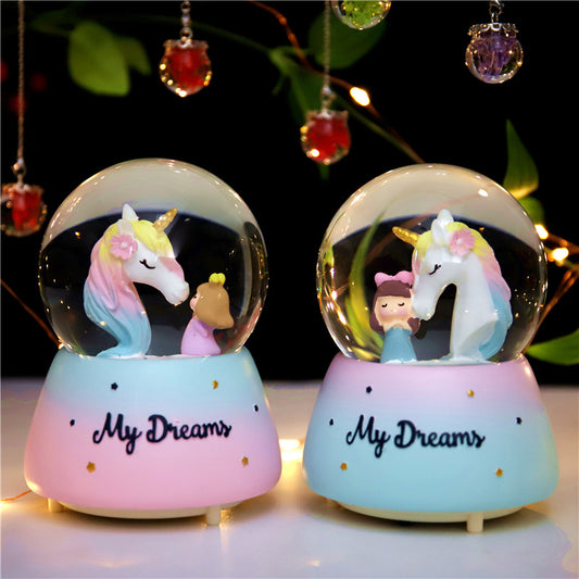 girl with unicorn CRYSTAL MUSIC BALL -MUSIC LIGHTING SNOWING gift birthday gift girl gift
